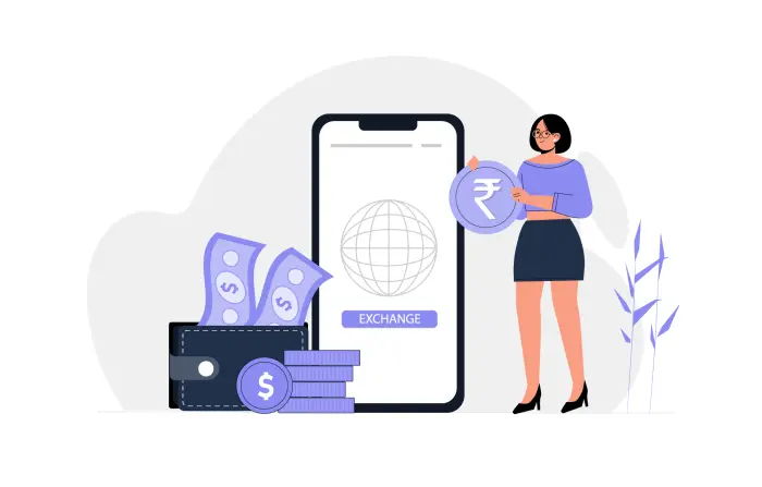 Currency Exchange Concept with Mobile Flat Stock Design Illustration